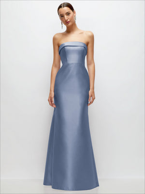 Powder blue strapless satin trumpet gown, fitted bodice and flared skirt hem