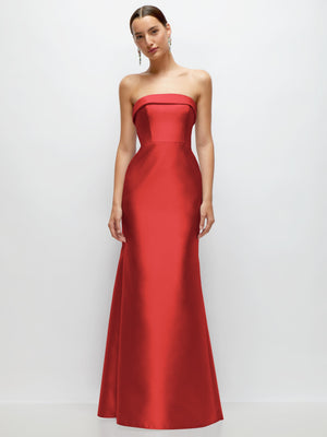 Satin strapless trumpet gown in red, structured cuff neckline and fitted bodice
