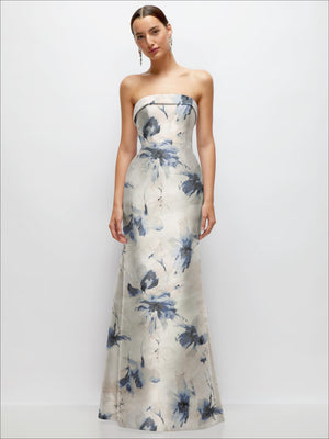 Ivory satin strapless trumpet gown with blue floral pattern, front view