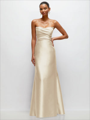 Satin strapless trumpet dress with draped bodice in champagne