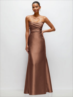 Satin strapless trumpet dress with draped bodice in dark cognac brown