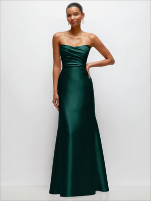 Strapless satin trumpet dress with draped bodice, dark green