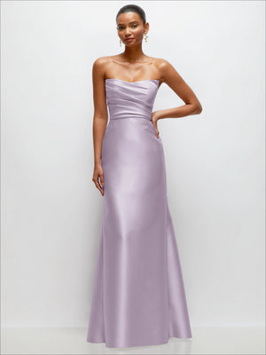 Strapless satin trumpet dress with draped bodice, lilac