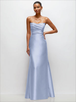 Light blue satin strapless trumpet dress with draped bodice and fitted waist