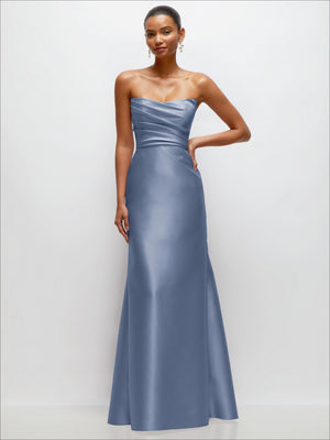 Slate blue strapless satin trumpet gown with draped bodice and subtle seam detailing.
