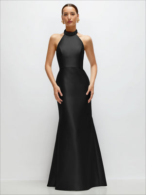 Black satin halter trumpet dress with high neckline and open back