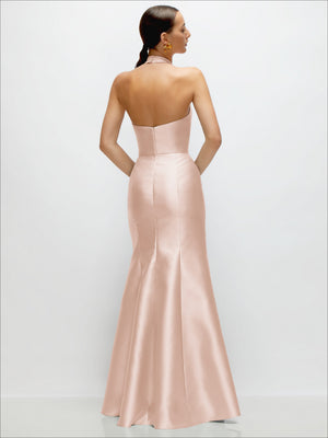 Blush satin trumpet dress with high halter neck and open back, back view