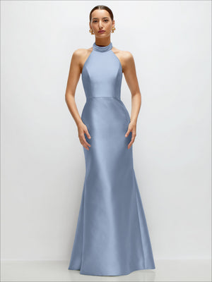 Light blue satin high-neck halter trumpet dress with smooth fitted silhouette.