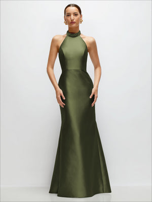 Green satin trumpet dress with high halter neckline and open back detail