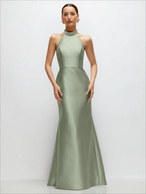 Olive green satin trumpet dress with high halter neckline and open back