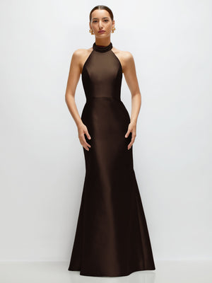 High-neck halter satin trumpet dress, sleeveless dark brown with high neckline and flared skirt