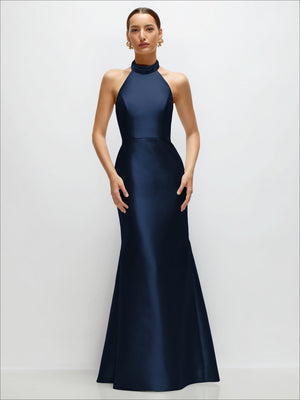 Dark navy satin trumpet dress with high-neck halter and sleeveless bodice