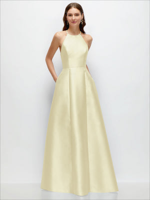 Ivory satin maxi dress with jewel halter neckline and A-line full skirt, sleeveless