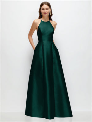 Deep green satin maxi dress with jewel halter neckline and A-line full skirt, sleeveless