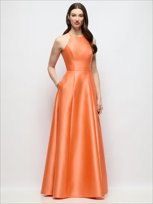Coral satin halter A-line maxi dress with jewel neckline and full skirt