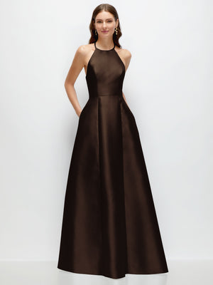 Jewel halter satin maxi dress, dark brown A-line skirt, sleeveless fitted bodice
