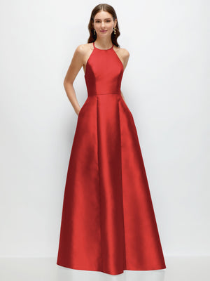 Red halter satin A-line maxi dress with fitted bodice and full flared skirt