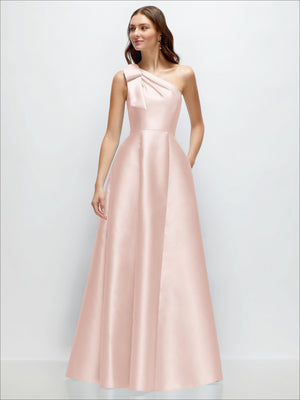 Pink one-shoulder satin maxi dress with bow shoulder and full A-line skirt