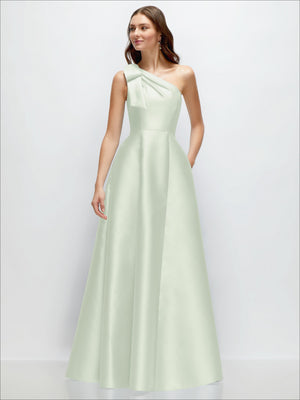 Pale mint satin one-shoulder maxi dress with bow detail, A-line flare.