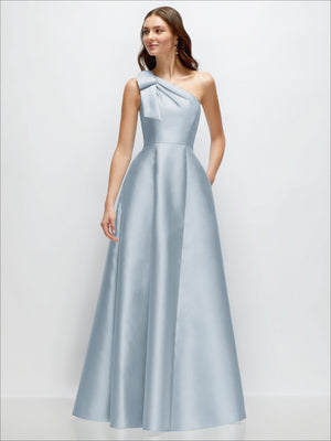 Powder blue satin one-shoulder maxi dress with bow detail and gathered A-line skirt
