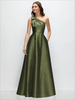 One-shoulder satin maxi dress in olive green with bow detail and full A-line skirt