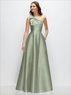 Sage green satin one-shoulder maxi dress with bow detail, A-line skirt.