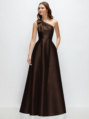 Dark brown satin one-shoulder maxi A-line dress with bow detail on the neckline