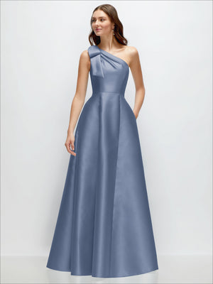 Blue satin one-shoulder maxi dress with bow strap and full A-line skirt