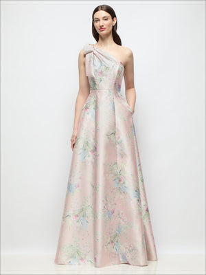 Floral satin one-shoulder maxi dress with bow detail and full A-line skirt