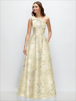 One-shoulder satin maxi dress in pale cream with small floral print and bow detail
