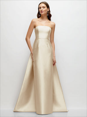Ivory strapless satin column dress with sweetheart neckline and floor-length back train