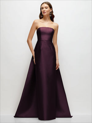 Deep plum strapless satin column dress with long removable train, full-length