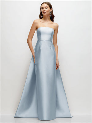 Satin column dress front view with strapless bodice, Watteau train, light blue