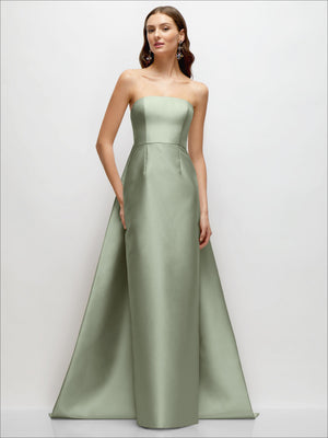 Strapless satin column dress in sage green, with removable Watteau train