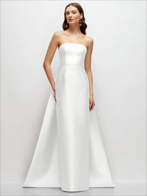 White strapless satin column dress with smooth skirt and elegant drape