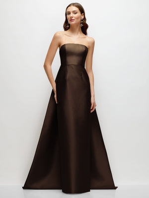 Strapless satin column dress in dark brown, fitted bodice with long skirt