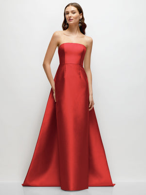 Strapless satin column dress in red, fitted bodice with long flowing skirt