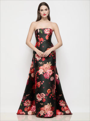 Strapless satin column dress with black floral print and long trailing train