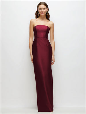 Burgundy strapless satin column dress with straight neckline
