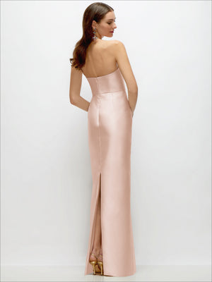 Blush strapless satin column dress, open back with back slit hem