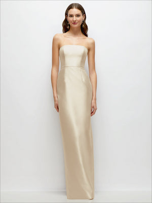 Ivory strapless satin column dress with straight neckline and fitted waist