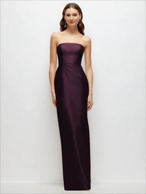 Burgundy strapless satin column dress with fitted waist and long floor-length hem