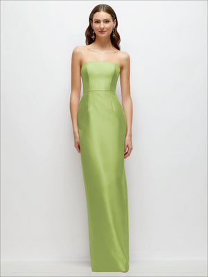 Lime green strapless satin column dress with fitted waist and long straight skirt