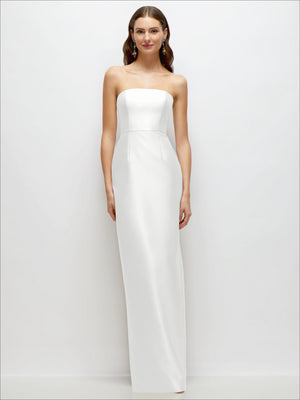 White strapless satin column dress with smooth, fitted waist and long length