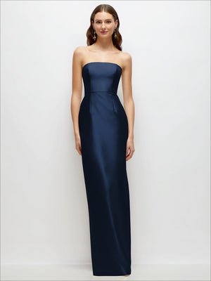 Navy strapless satin column dress with smooth bodice and floor-length straight skirt