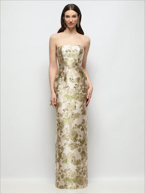 Strapless column maxi dress with abstract floral jacquard, light green and blush tones