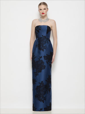 Strapless evening gown with dark navy floral print, sleeveless column silhouette