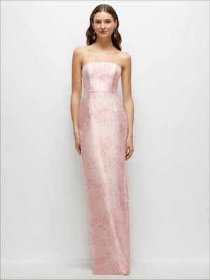 Strapless floral satin column dress in soft pink with fitted bodice