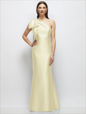Satin one-shoulder maxi dress in pale yellow with draped bow detail at neckline