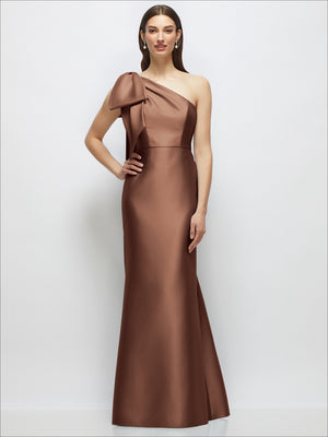 One-shoulder satin maxi dress in cocoa brown with bow shoulder detail and trumpet skirt